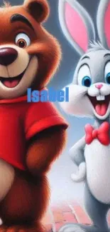 Cheerful bear and rabbit cartoon wallpaper.
