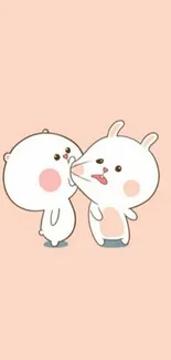 Two cute cartoon animals kissing on a peach background.