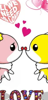 Adorable cartoon animals in love theme wallpaper.