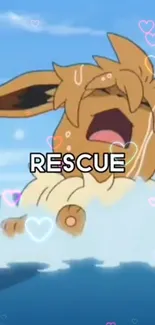 Adorable cartoon animal in water with a rescue theme, surrounded by heart patterns.