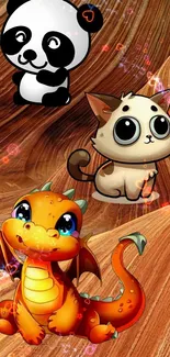 Cute cartoon animals: panda, cat, dragon on textured background.