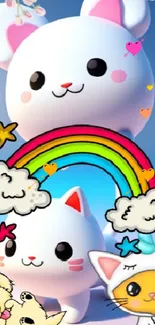 Cute cartoon animals with rainbow and floral accents on a mobile wallpaper.