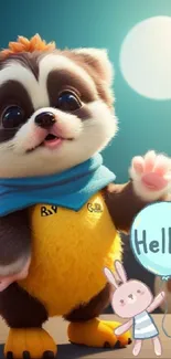 Cute raccoon cartoon with yellow outfit and 'Hello' balloon.