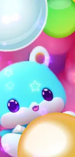 Cute pastel cartoon animal with bubbles, stars.