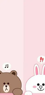 Cute cartoon bear and bunny with pink background.