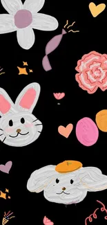 Cute cartoon wallpaper with animals and flowers on a black background.