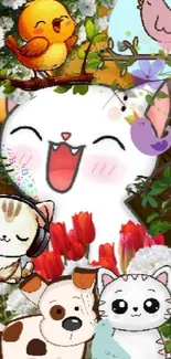 Cute cartoon animals in a colorful floral setting on a phone wallpaper.