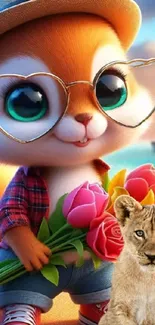 Adorable cartoon animal with flowers and lion cub.
