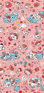 Cute cartoon animal wallpaper on pink background with hearts and clouds.