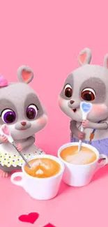 Cute animals stirring coffee in pink-themed wallpaper.