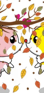 Cute cartoon autumn wallpaper with colorful leaves and characters.