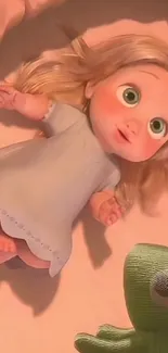 Cute cartoon baby with big green eyes on peach background.