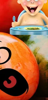 A vibrant cartoon baby and expressive orange fruit.