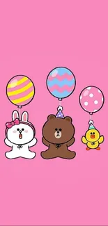 Cute cartoon animals with balloons on a pink background wallpaper.