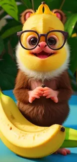 Adorable cartoon banana creature with glasses and vibrant colors.