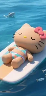 Cartoon cat relaxing on surfboard in the ocean.