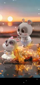 Two cartoon animals with a glowing jar on a beach at sunset.