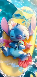 Cartoon character relaxing on a beach float with flowers and ocean waves.