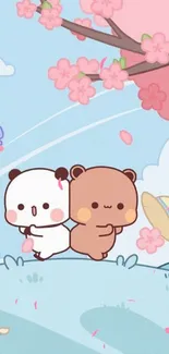 Cute cartoon of a bear and panda under cherry blossoms.