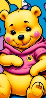 Cute cartoon bear in colorful attire with vibrant background.