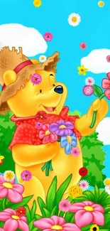 Cartoon bear with flowers in a garden.