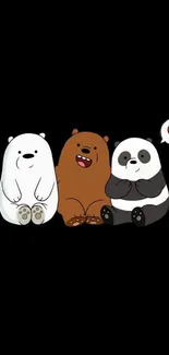 Cute cartoon bears trio on black mobile wallpaper.