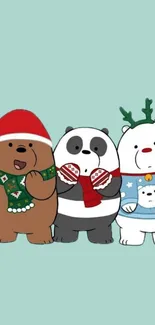 Three cartoon bears in festive attire on a teal background.