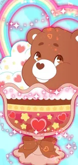 Cute cartoon bear in a candy-themed, pastel-colored wallpaper.