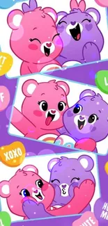 Cute cartoon bears with colorful accents on a purple background.