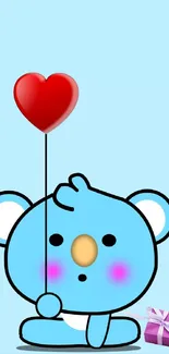 Cute blue cartoon bear with heart balloon and gift.