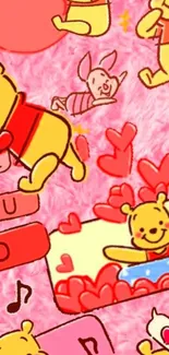 Cute cartoon bear wallpaper with pink hearts.