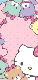 Pink-themed cute cartoon bear wallpaper with heart motifs.