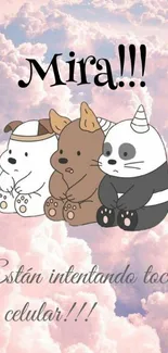 Cute cartoon bears on a pastel cloud background wallpaper.