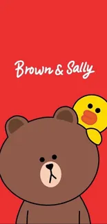 Adorable Brown and Sally cartoon on a red mobile wallpaper background.