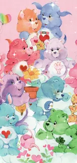 Cute cartoon bears with balloons on a pink background.