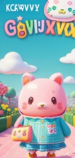 Cute cartoon bear in pink garden wallpaper.