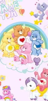 Cute cartoon bears with rainbows and stars on a pink background mobile wallpaper.