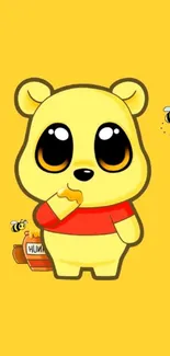 Adorable yellow cartoon bear with honey and bees on a bright background.