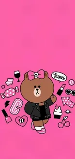 Pink wallpaper featuring a cute cartoon bear with a bow and surrounding icons.