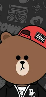 Cartoon bear wearing a red cap and black hoodie on a patterned background.