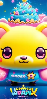 Cheerful cartoon bear with bright colors and playful design for mobile wallpaper.