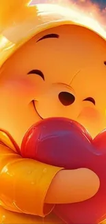 Cute cartoon bear holding a heart, smiling warmly.
