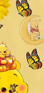 Cartoon bear with butterflies and sunflowers wallpaper.