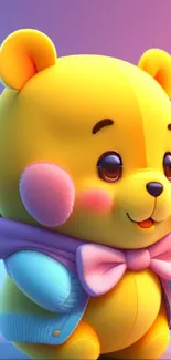 Cute yellow cartoon bear with pastel background.