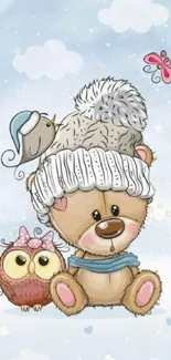 Cute animal winter wallpaper with a cartoon bear, owl, and snow scene.