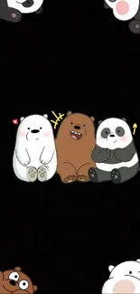 Three cute cartoon bears on a black wallpaper background.