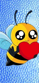 Adorable cartoon bee with red heart on blue texture.