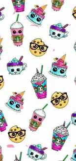 Cute cartoon beverages and snacks mobile wallpaper.