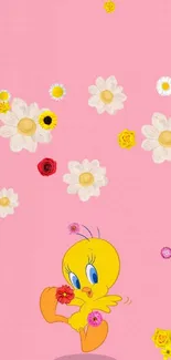 Cute cartoon bird with flowers on pink background.