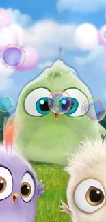 Cute bird cartoon wallpaper with bubbles.